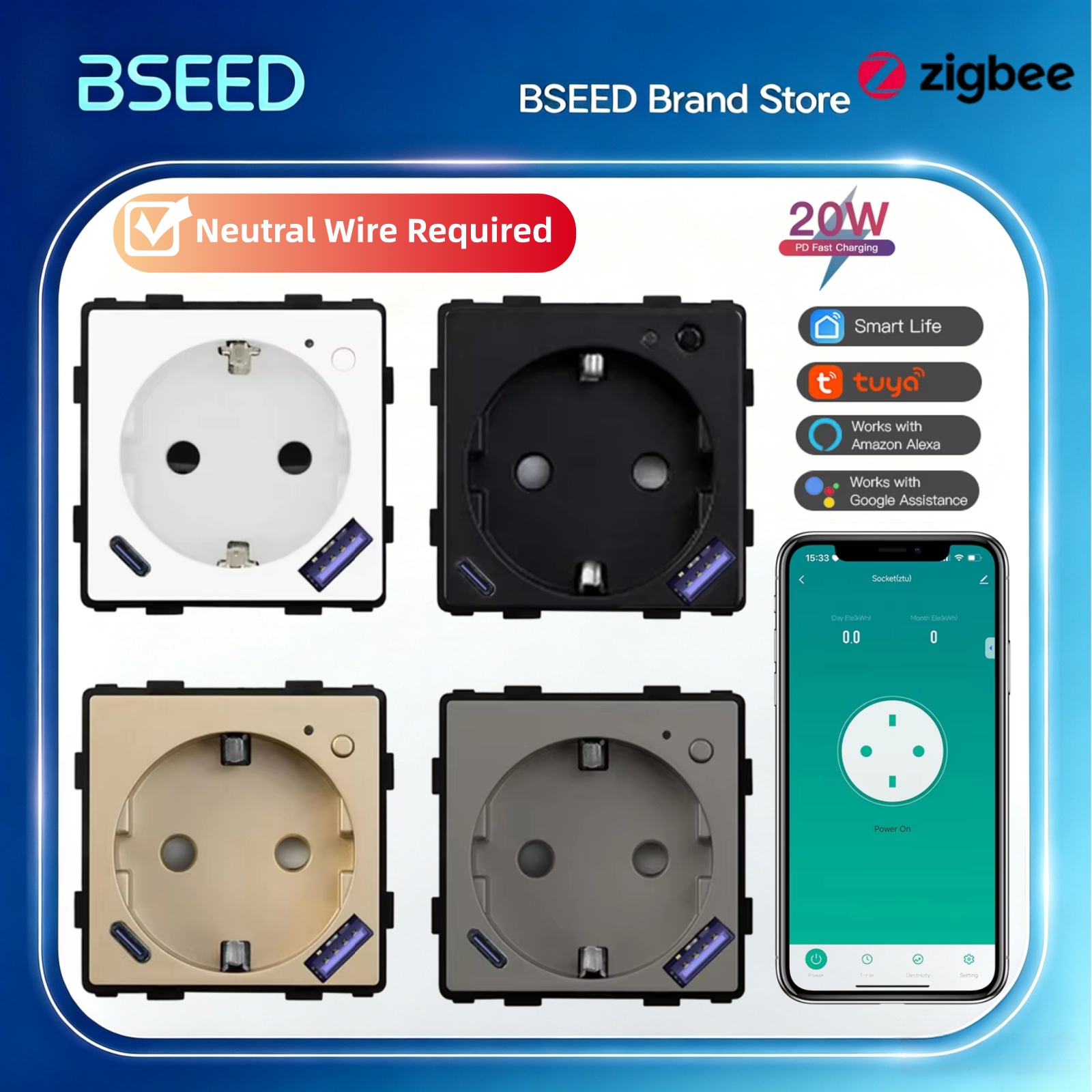 Smart Plug Zigbee 16A - BSEED Zigbee Smart Socket Part Power