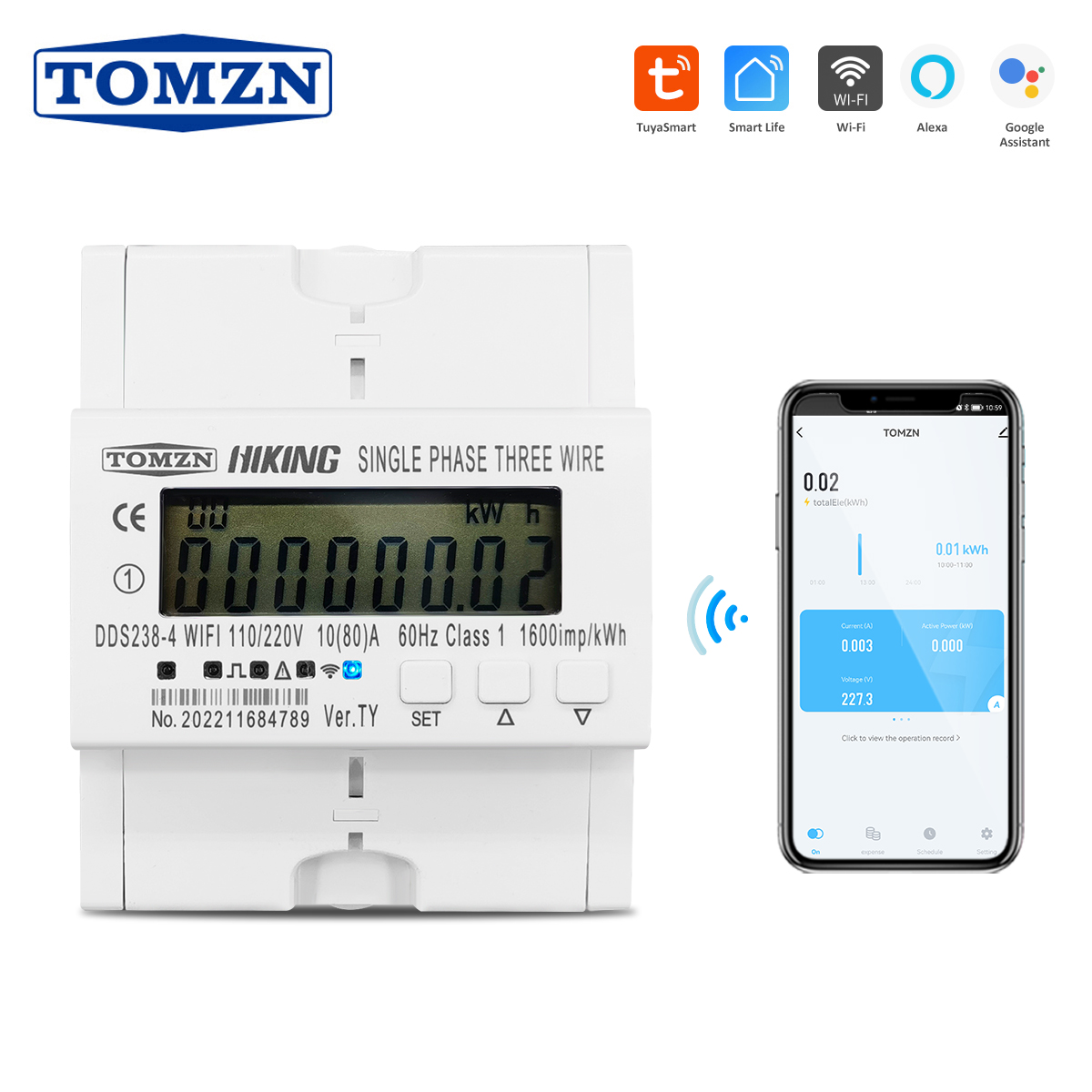 Energy Meter Din Rail Wifi - TOMZN 2 Phase 110V+110V 60Hz 80A